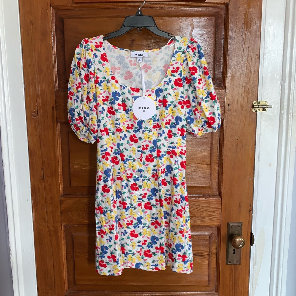 RIXO White Floral Puff-Sleeve Mini Dress with Red, Blue & Yellow Flowers